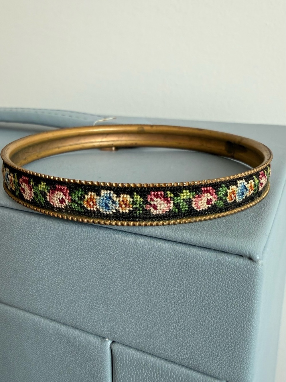 30s Vintage Petit Point Needlepoint Brass Floral Bangle